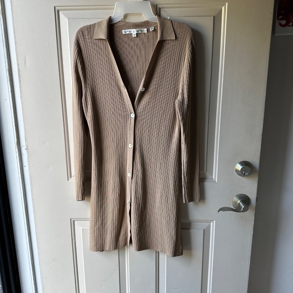 Max Studio long button down Khaki Cardigan. Size Petite M - Picture 1 of 7